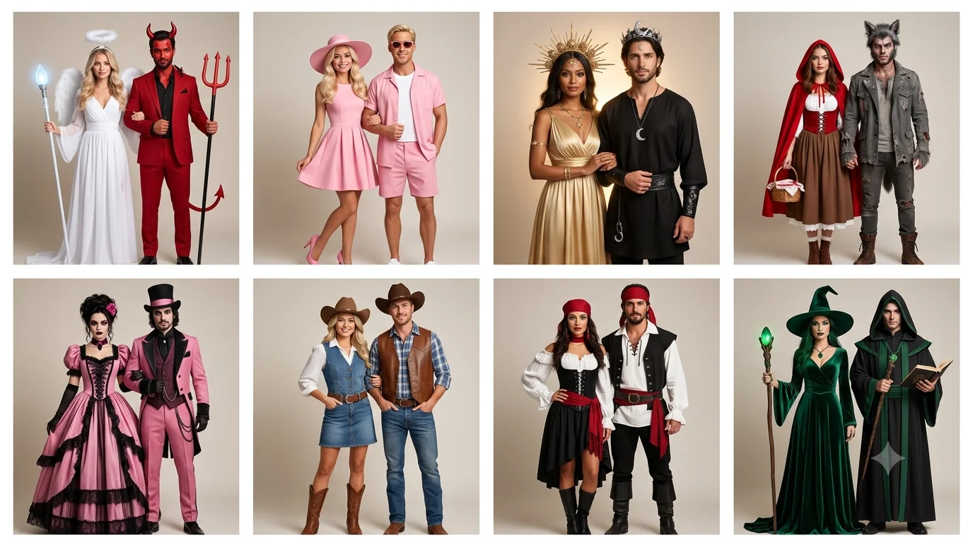Coordinated couples Halloween costumes with matching colors and accessories