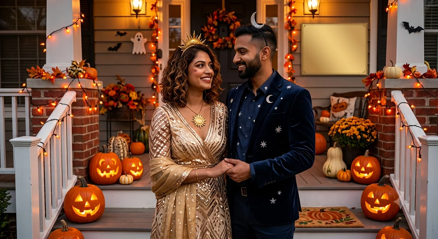 Coordinated couples Halloween costumes with matching colors and accessories