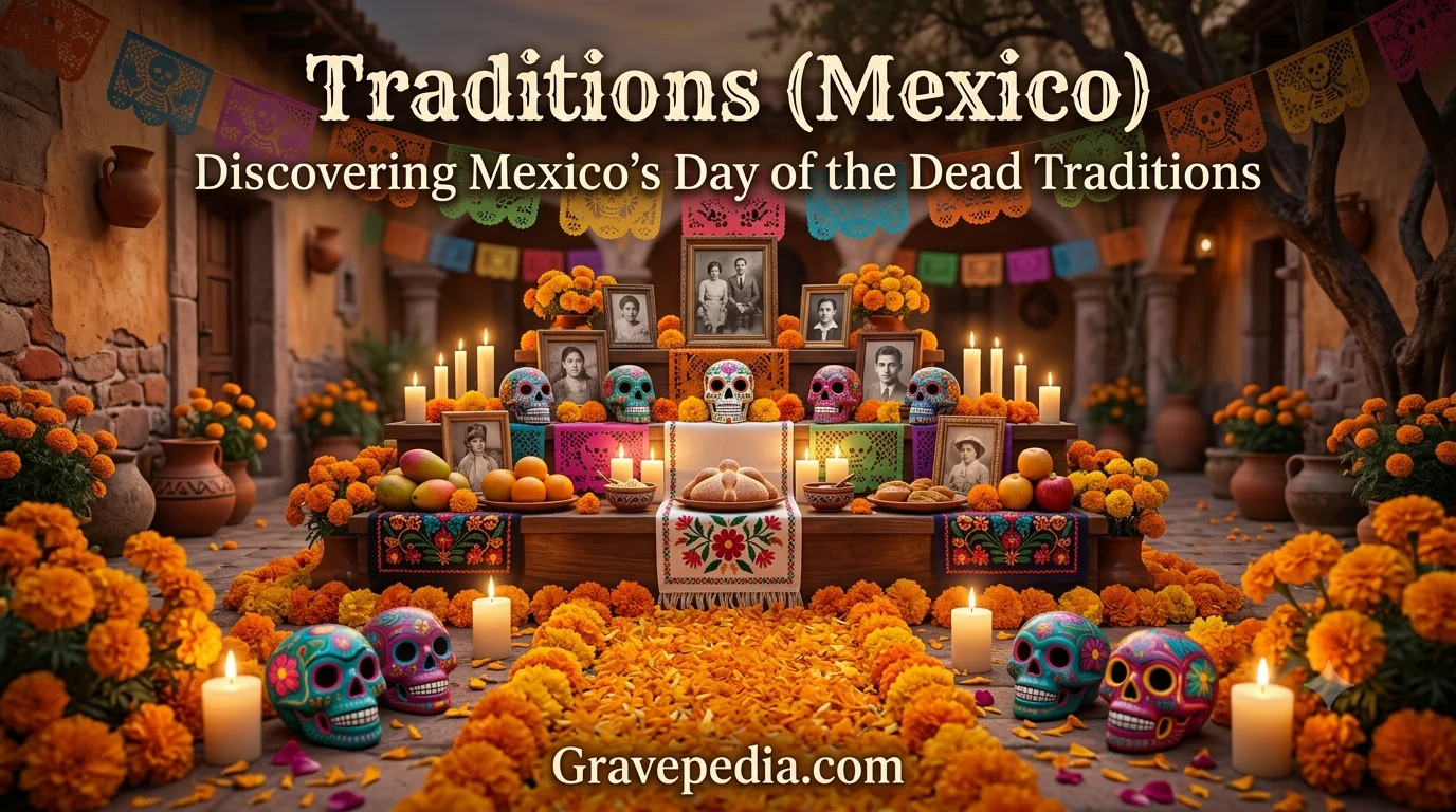 Day of the Dead altar with marigolds, sugar skulls, and candles