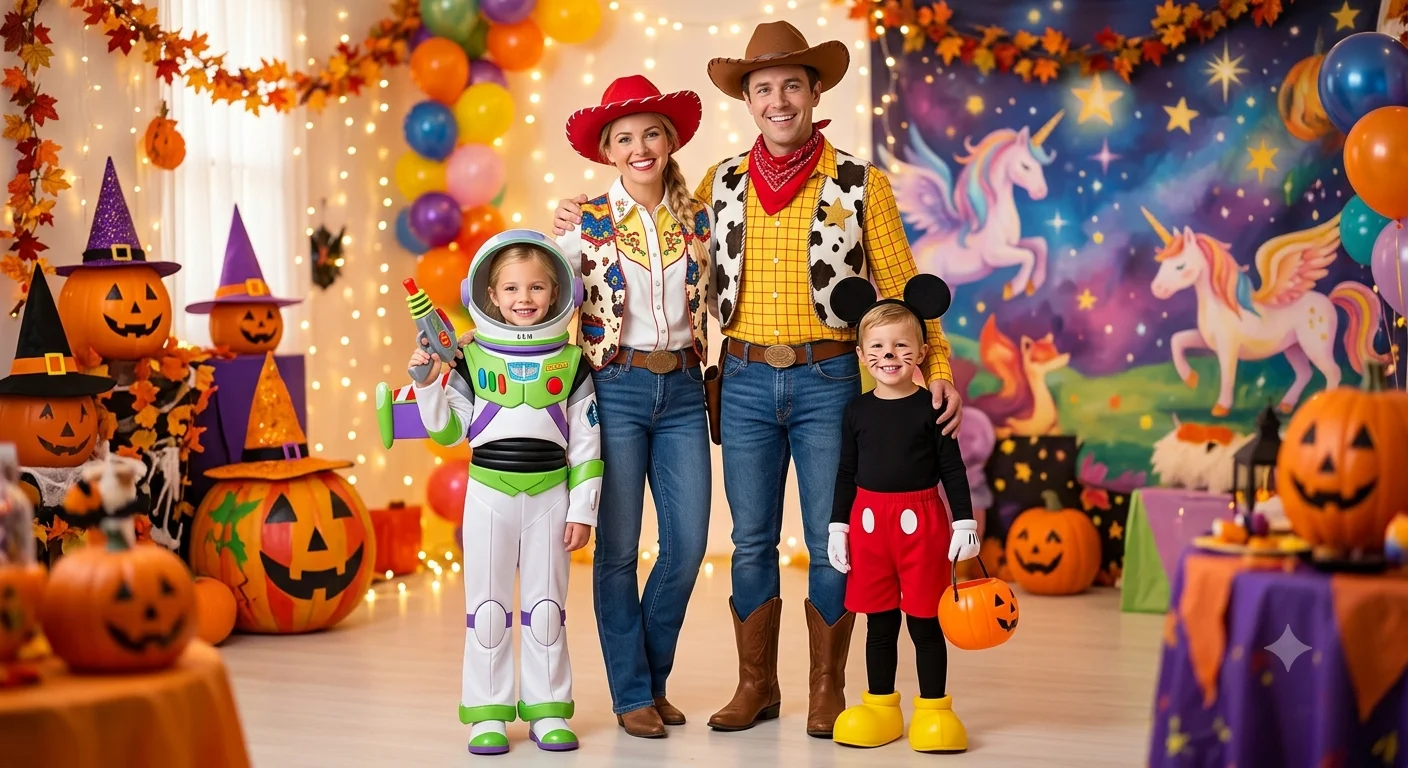 Disney and animated family Halloween costumes including character themes for families