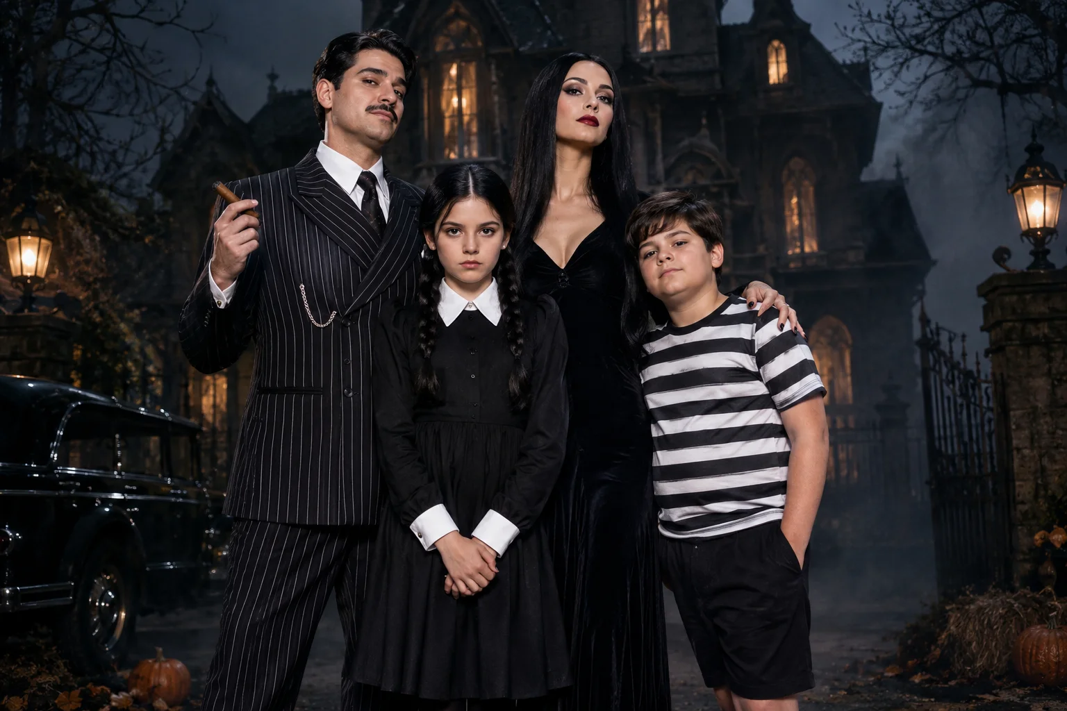 Family Halloween costumes for four people including Addams Family, Flintstones and superhero themes