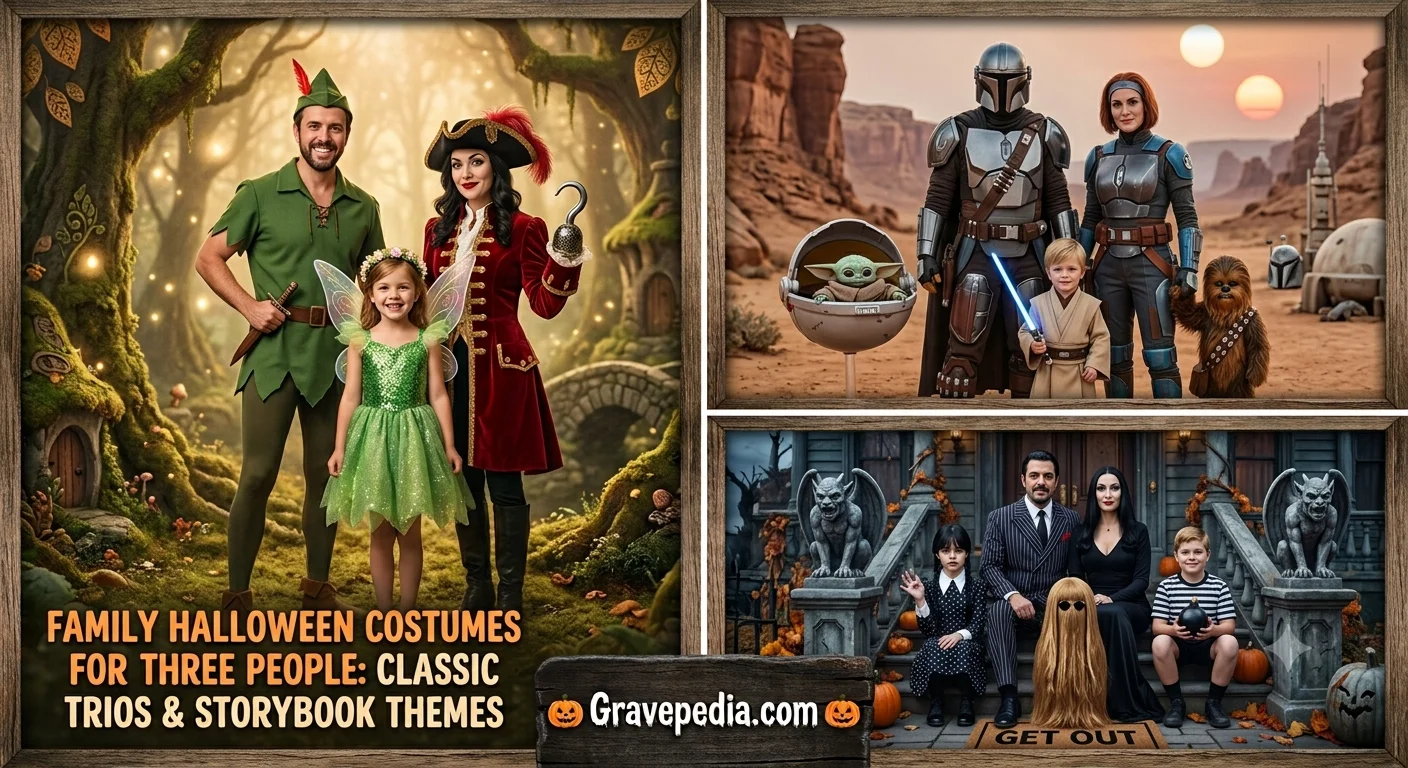Family Halloween costumes for three people including classic trios and storybook themes