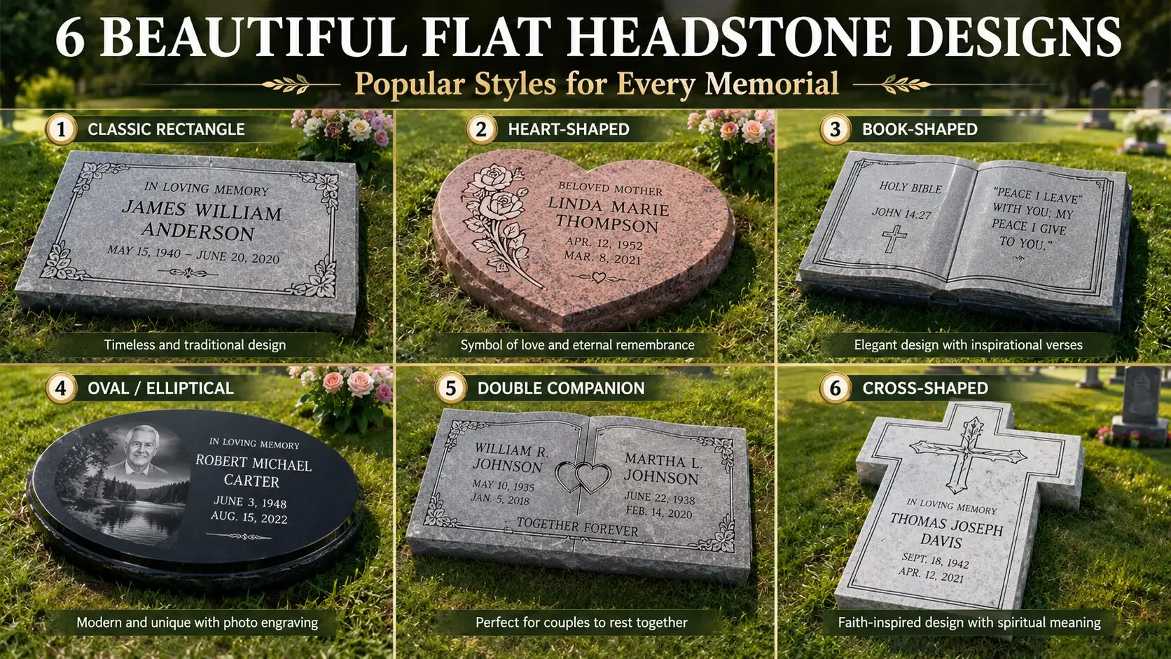 Flat headstone design styles showcase featuring classic rectangle, heart-shaped, book-shaped, oval elliptical, double companion marker with interlocking hearts, and cross-shaped flat grave markers on green grass