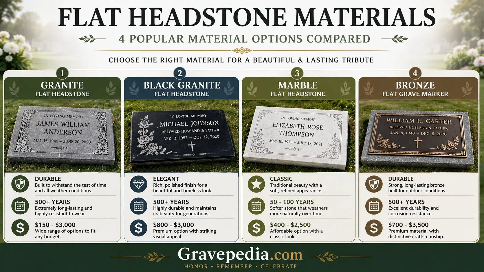 Flat headstone materials comparison chart showing granite, black granite, marble, and bronze flat grave markers with durability ratings, price ranges, and maintenance level information