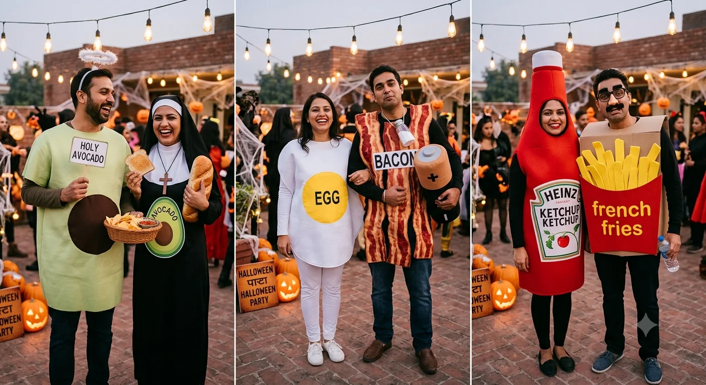 Funny couples Halloween costumes including pun-based and food-themed pairings