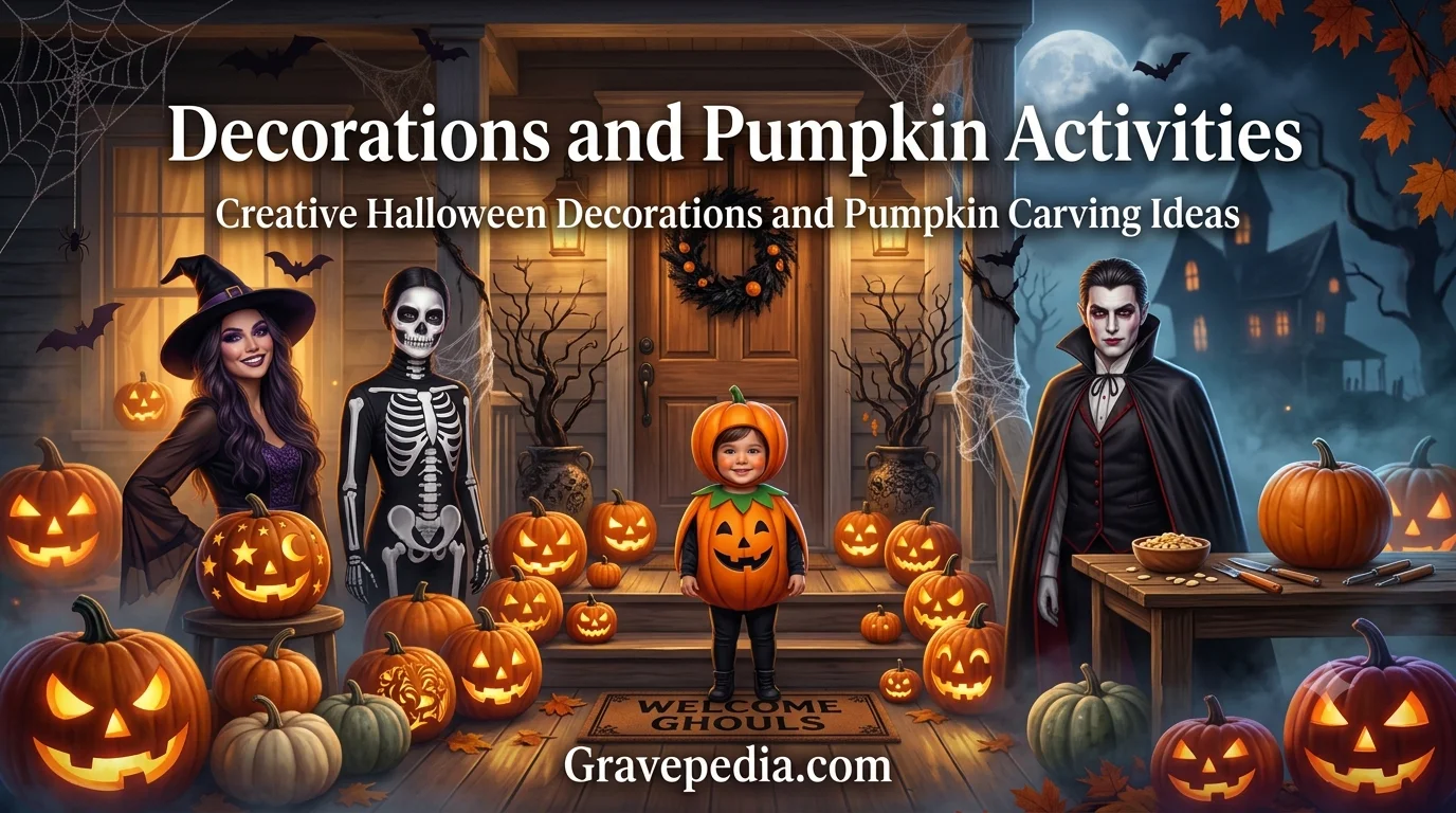 Carved jack-o'-lantern pumpkins glowing on a porch at Halloween