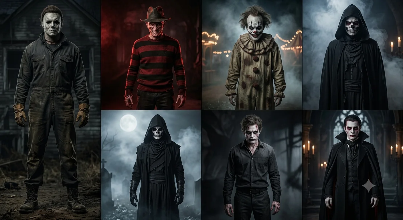 Horror and villain Halloween costumes for men including classic slashers and supernatural characters
