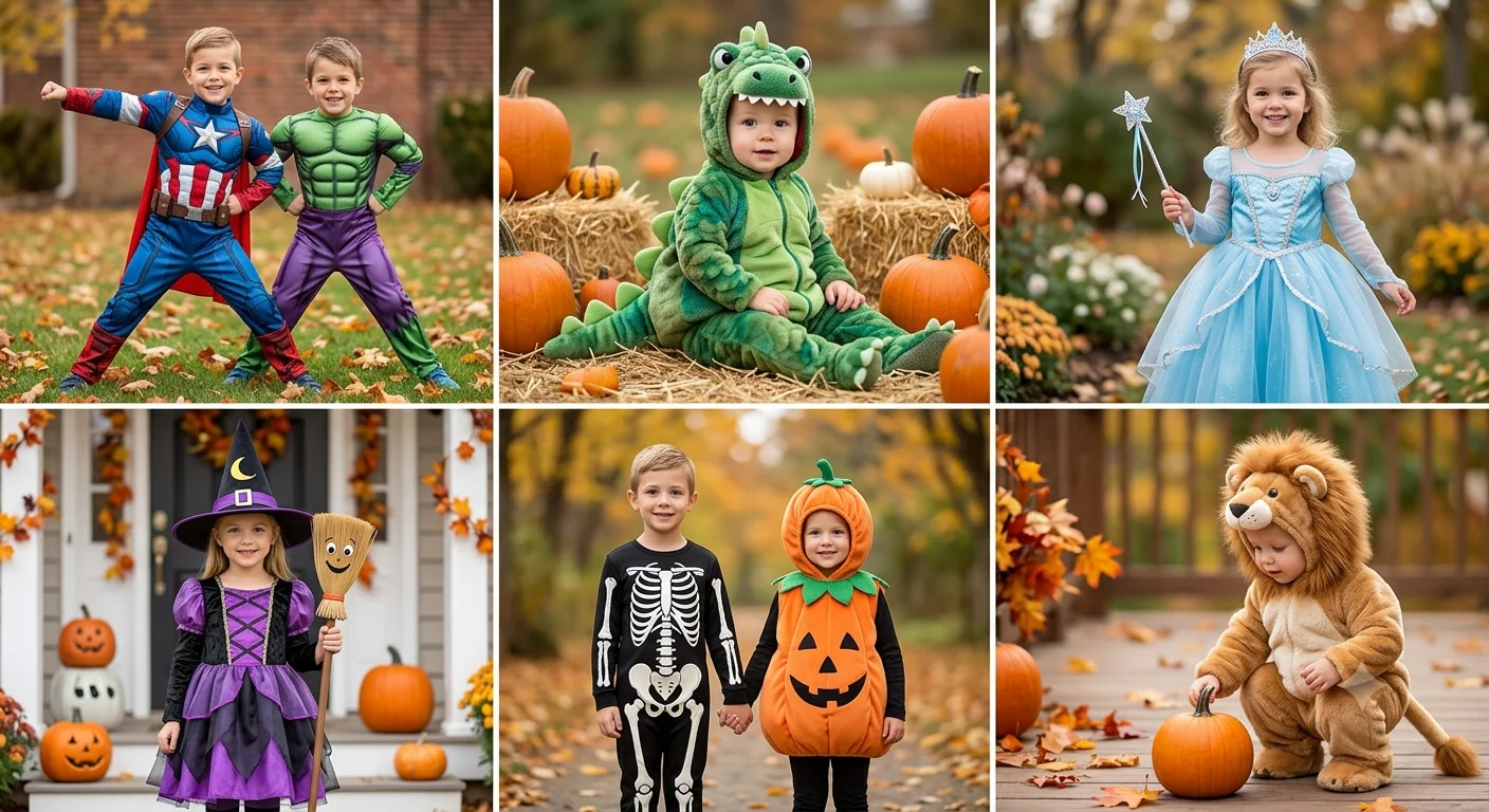 Kids and toddler Halloween costumes for 2026 including superheroes, animals and fairy tale characters