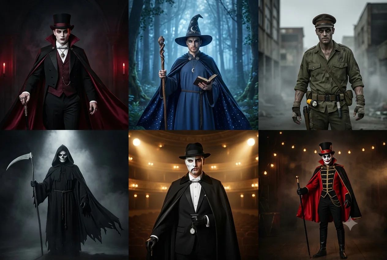 Men's Halloween costume accessories and makeup including hats, capes and face paint