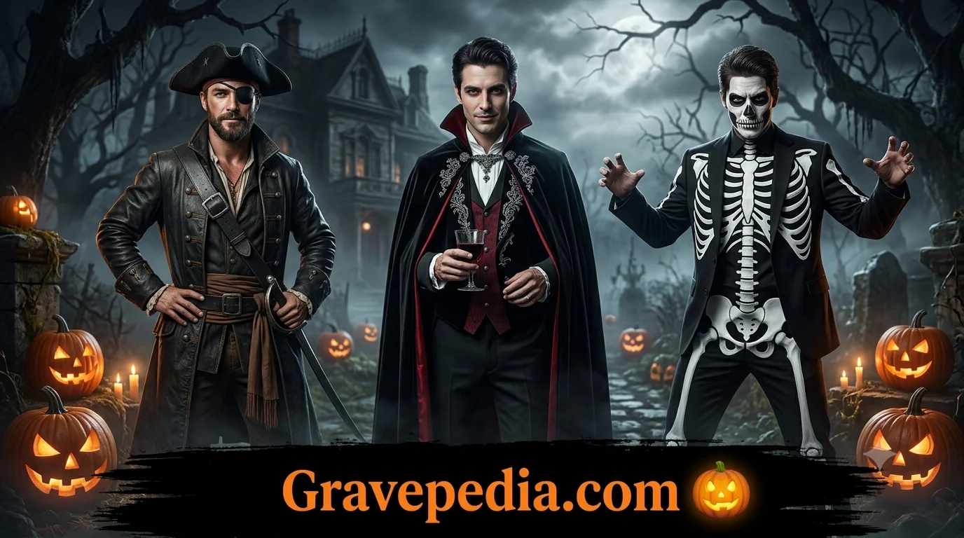 Classic Halloween costumes for men including pirate, vampire and skeleton looks
