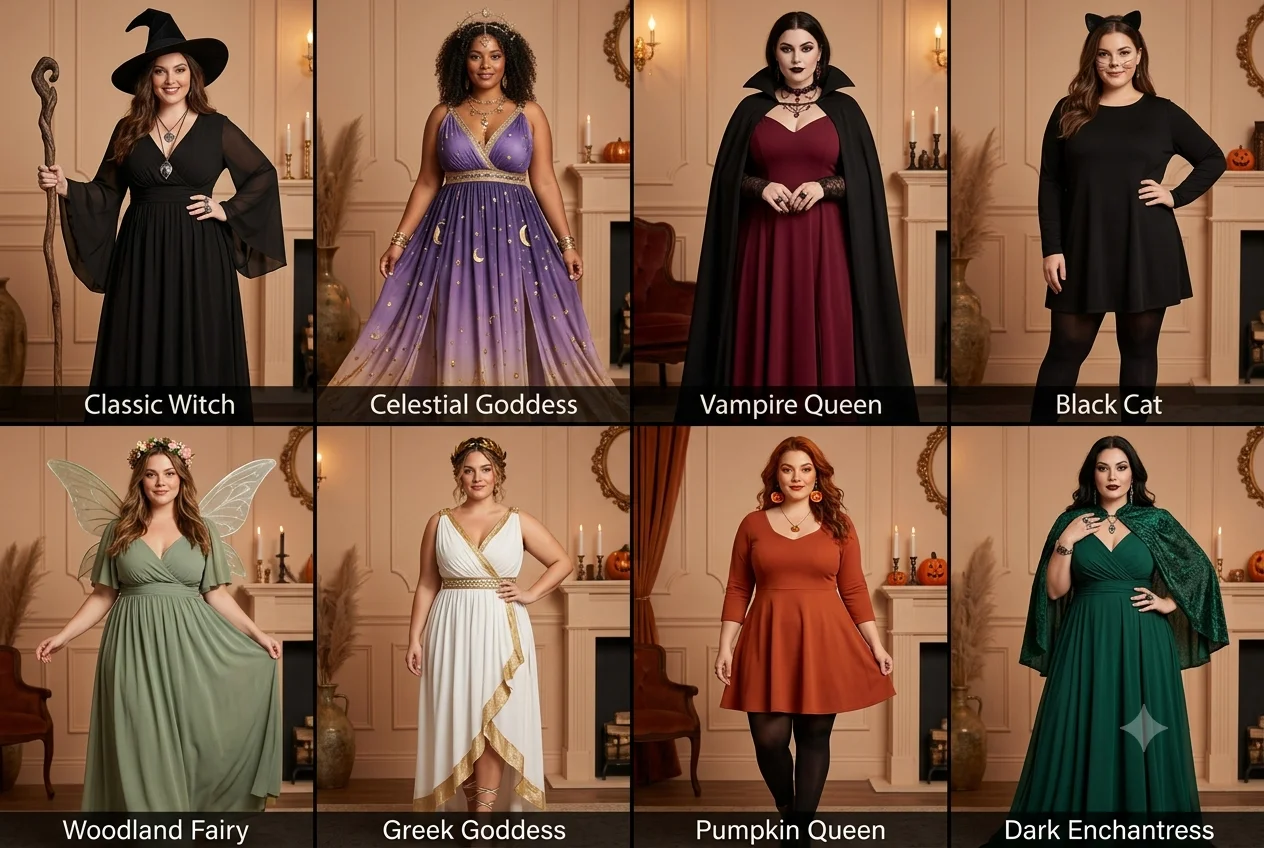 Plus-size and comfortable Halloween costume ideas for women including witch and goddess looks