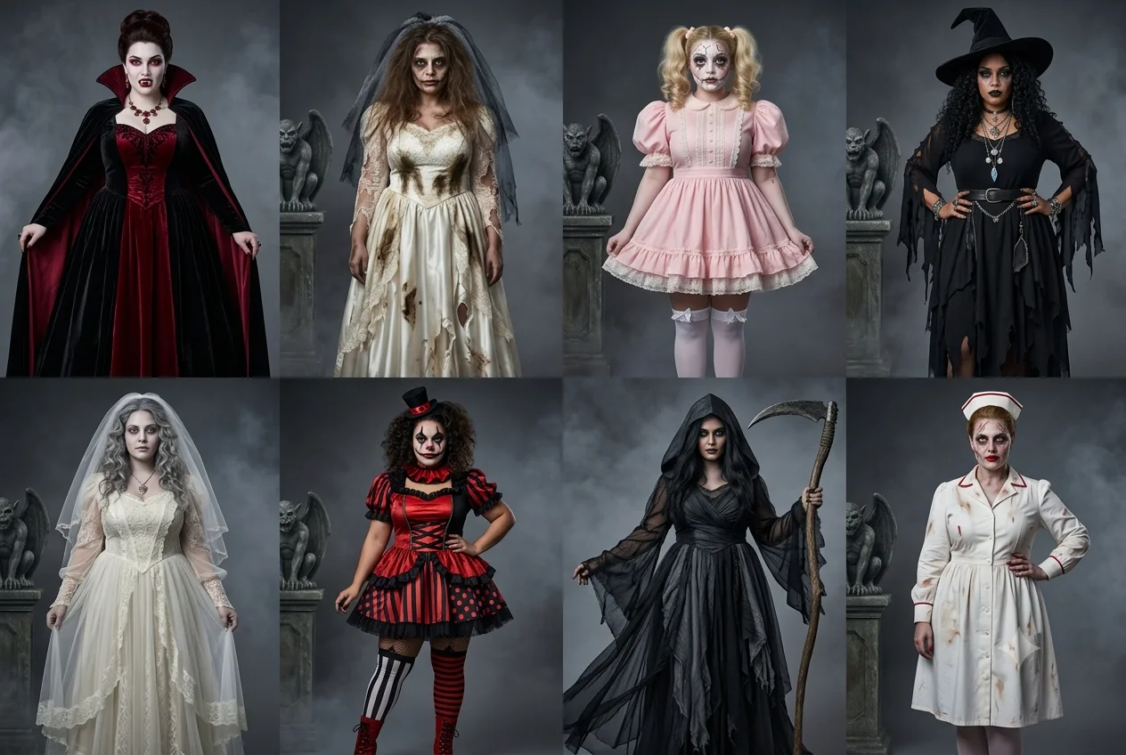Scary Halloween costumes for women including vampire, zombie and creepy doll looks