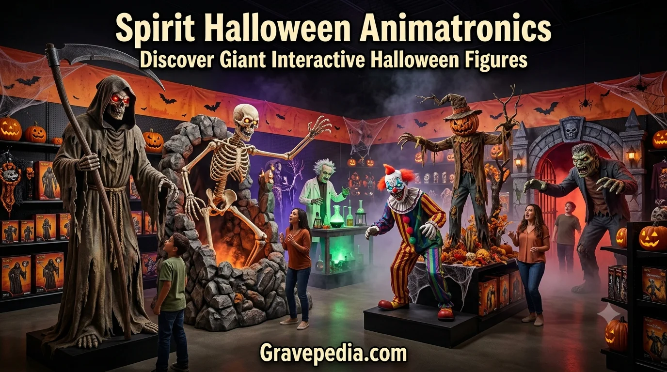Spirit Halloween animatronics display with large interactive Halloween figures
