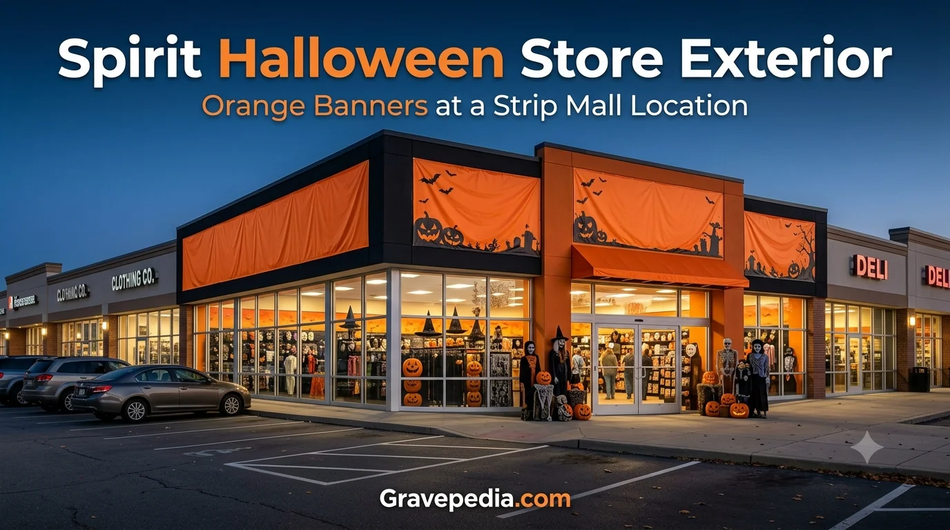 Spirit Halloween store exterior with orange banners in a strip mall location