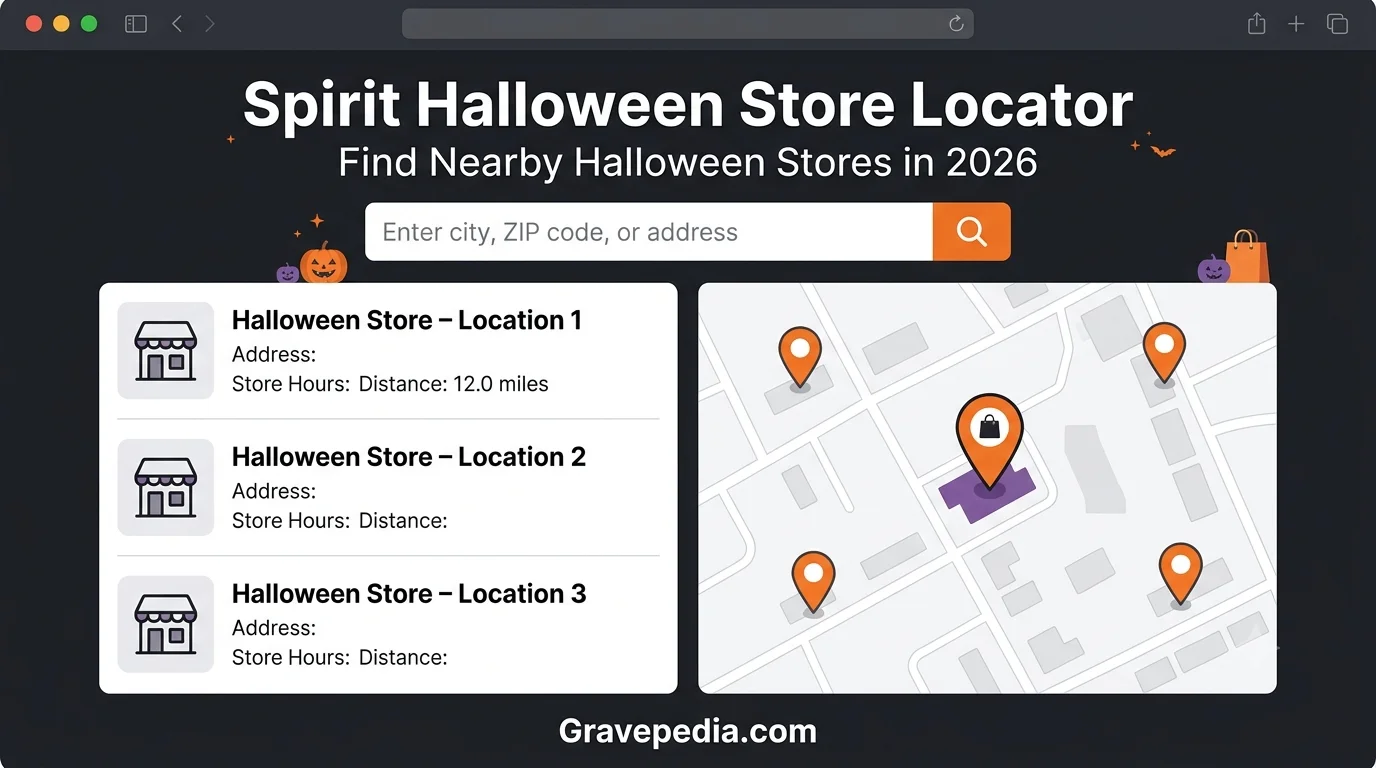 Spirit Halloween store locator search results showing nearby locations