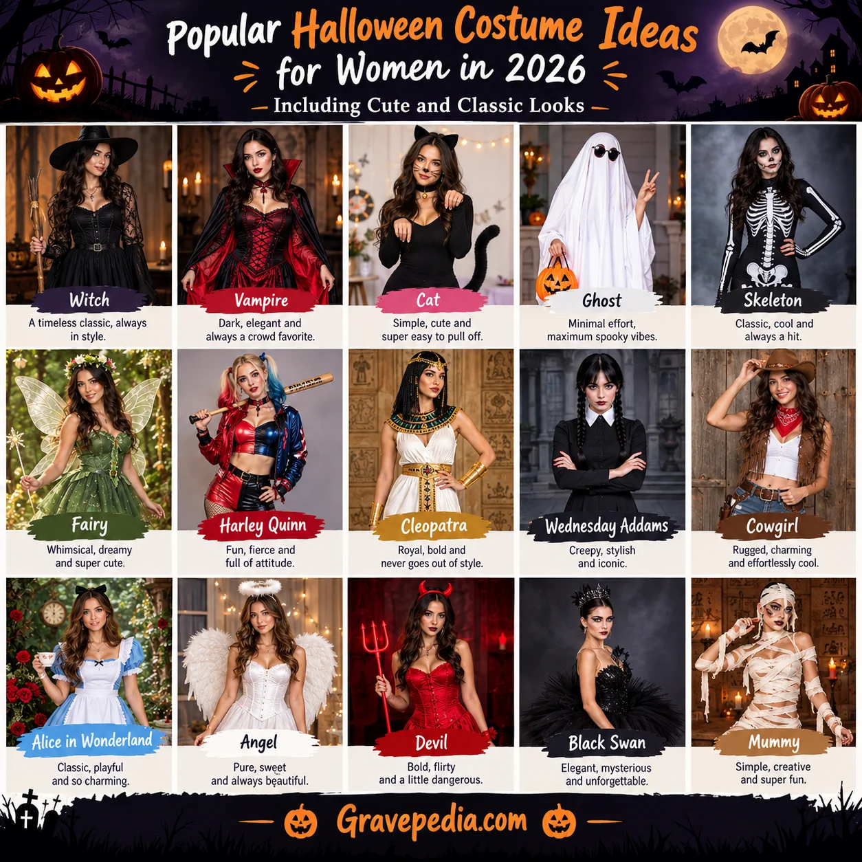 Popular Halloween costume ideas for women in 2026 including cute and classic looks